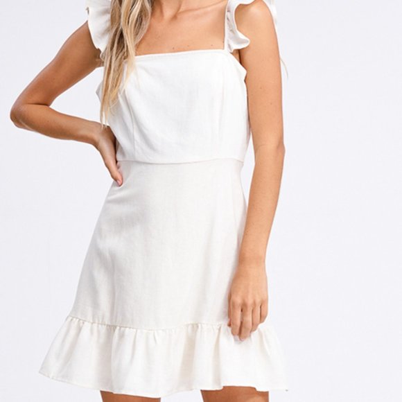 New Square Neckline Ivory Linen Ruffle Sun Dress - Picture 4 of 7